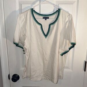 Democracy Cream Top with Green Crochet Trim